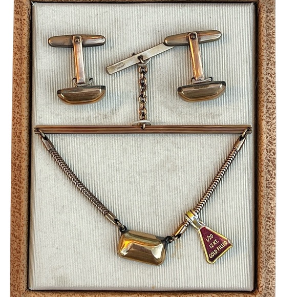 Bigney Other - Bigney Tie Bar W/ Chain & Cufflinks gold filled 1/20 12KT VTG NRFB MCM Orig Box